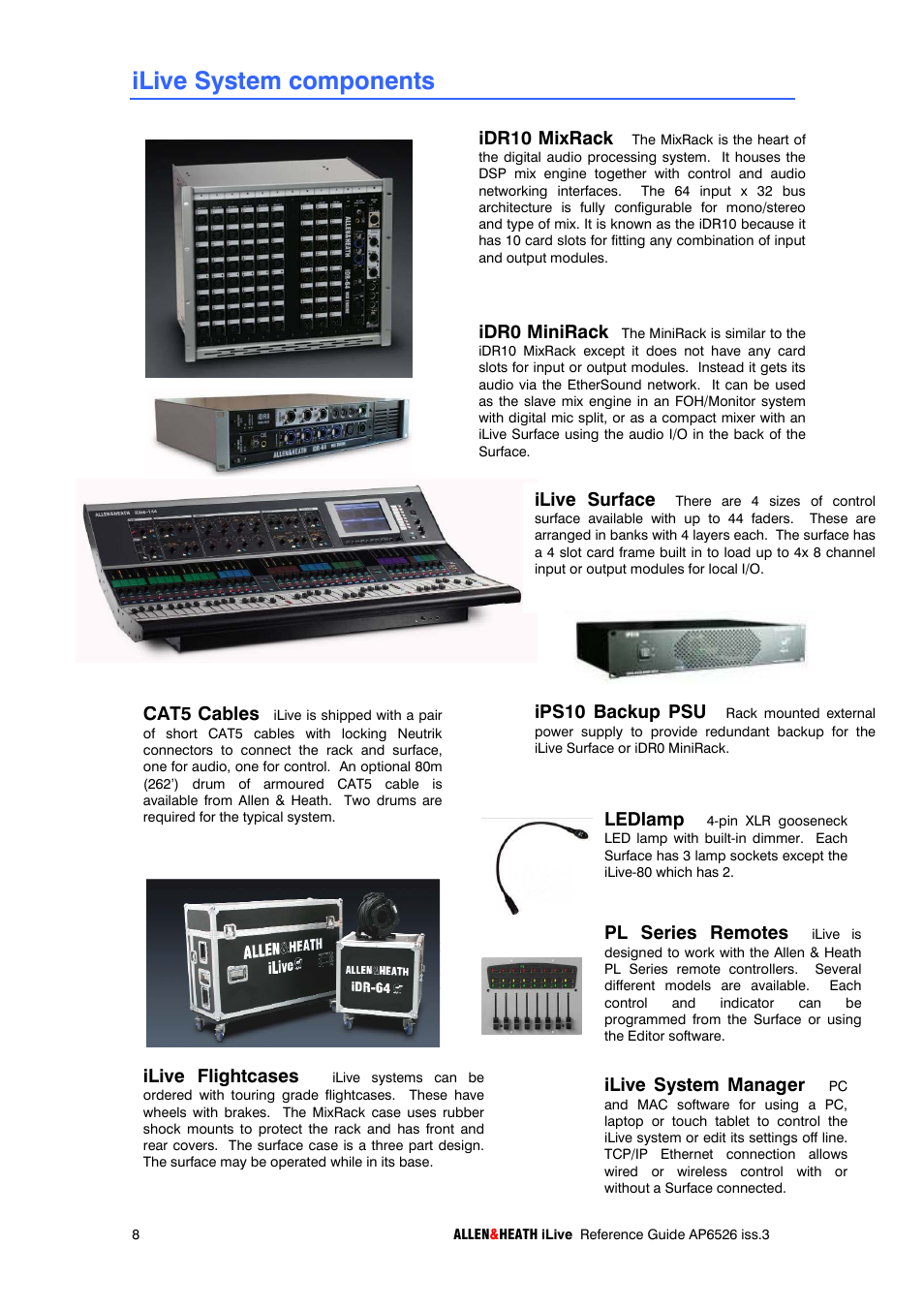 Ilive system components, Idr10 mixrack, Idr0 minirack | Ilive surface, Ilive flightcases, Cat5 cables, Ledlamp, Pl series remotes, Ilive system manager, Ips10 backup psu | iLive T SERIES AP6526 User Manual | Page 8 / 111