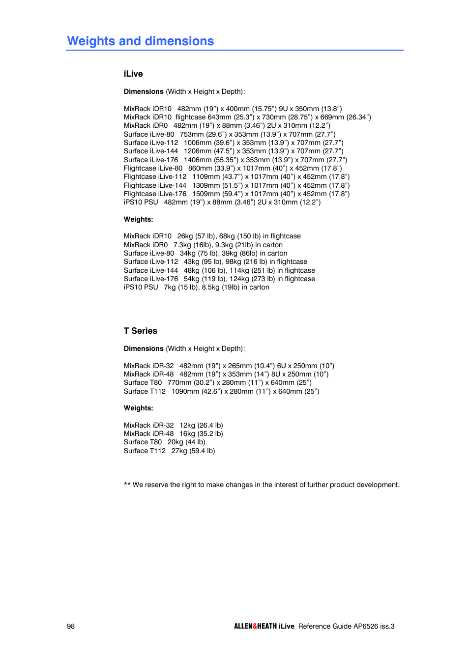 Weights and dimensions | iLive T SERIES AP6526 User Manual | Page 98 / 111