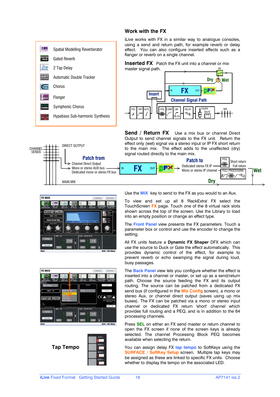 Work with the fx, Inserted fx, Send / return fx | Patch to, Patch from, Dry wet, Tap tempo | iLive AP7141 User Manual | Page 18 / 27