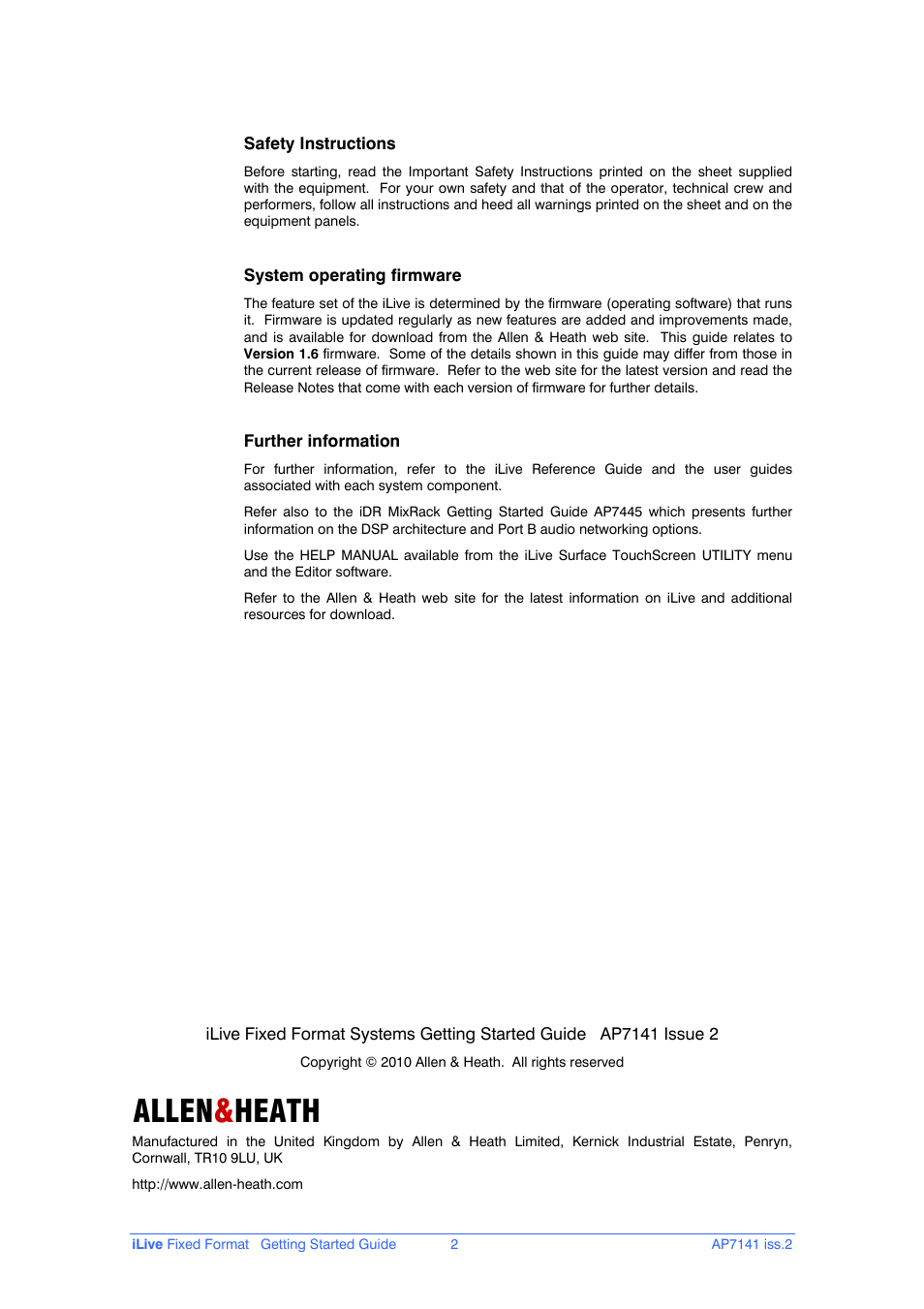Allen & heath | iLive AP7141 User Manual | Page 2 / 27