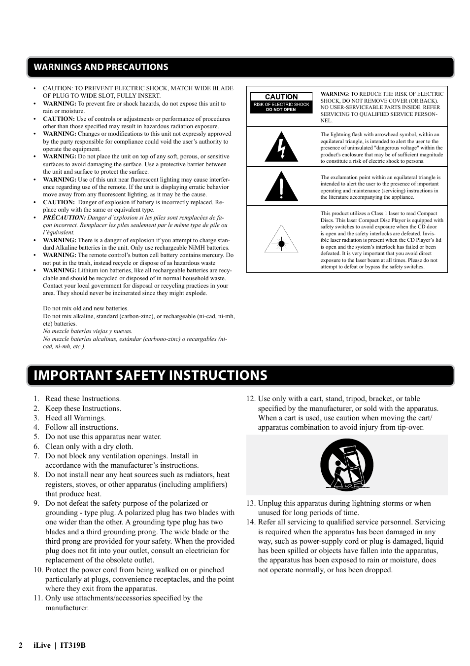 Important safety instructions, Warnings and precautions | iLive IT319 User Manual | Page 2 / 16