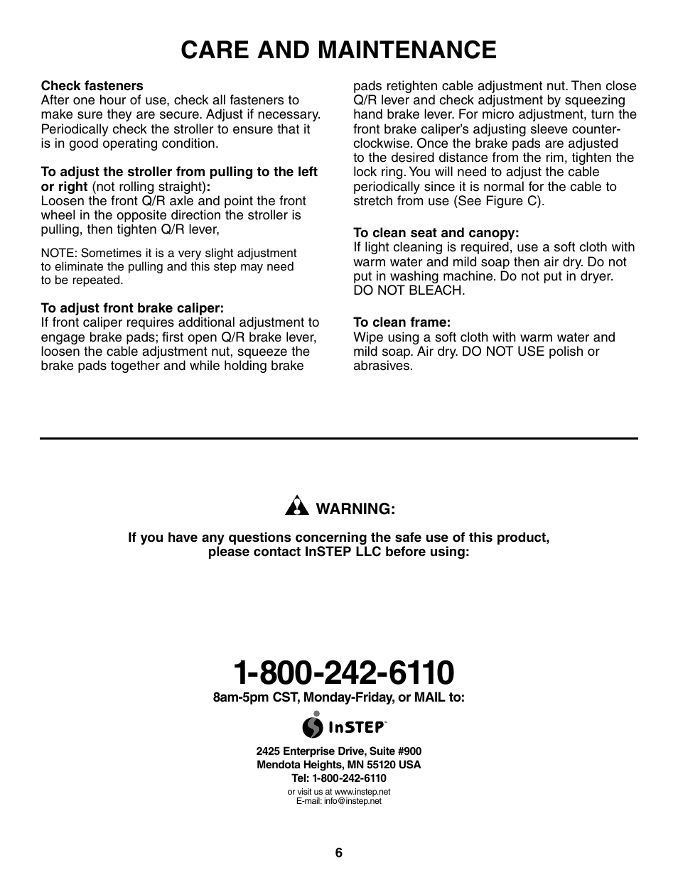 Care and maintenance | InStep 5K User Manual | Page 6 / 6