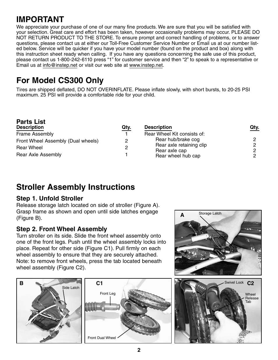 Important, For model cs300 only, Stroller assembly instructions | Parts list, Step 1. unfold stroller, Step 2. front wheel assembly | InStep RS100 User Manual | Page 2 / 6