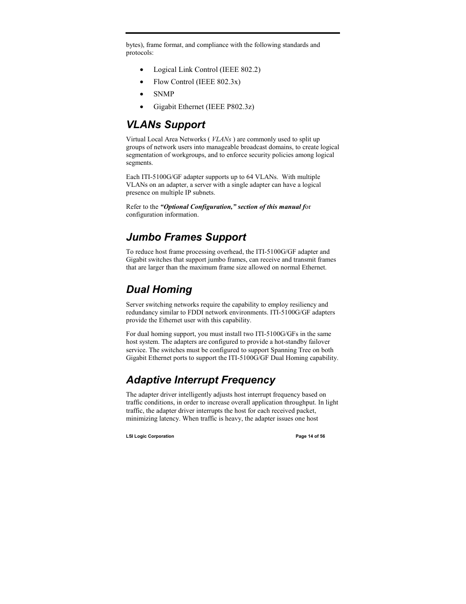 Vlans support, Jumbo frames support, Dual homing | Adaptive interrupt frequency | IntraServer Technology ITIpci 5100G/GF User Manual | Page 14 / 56