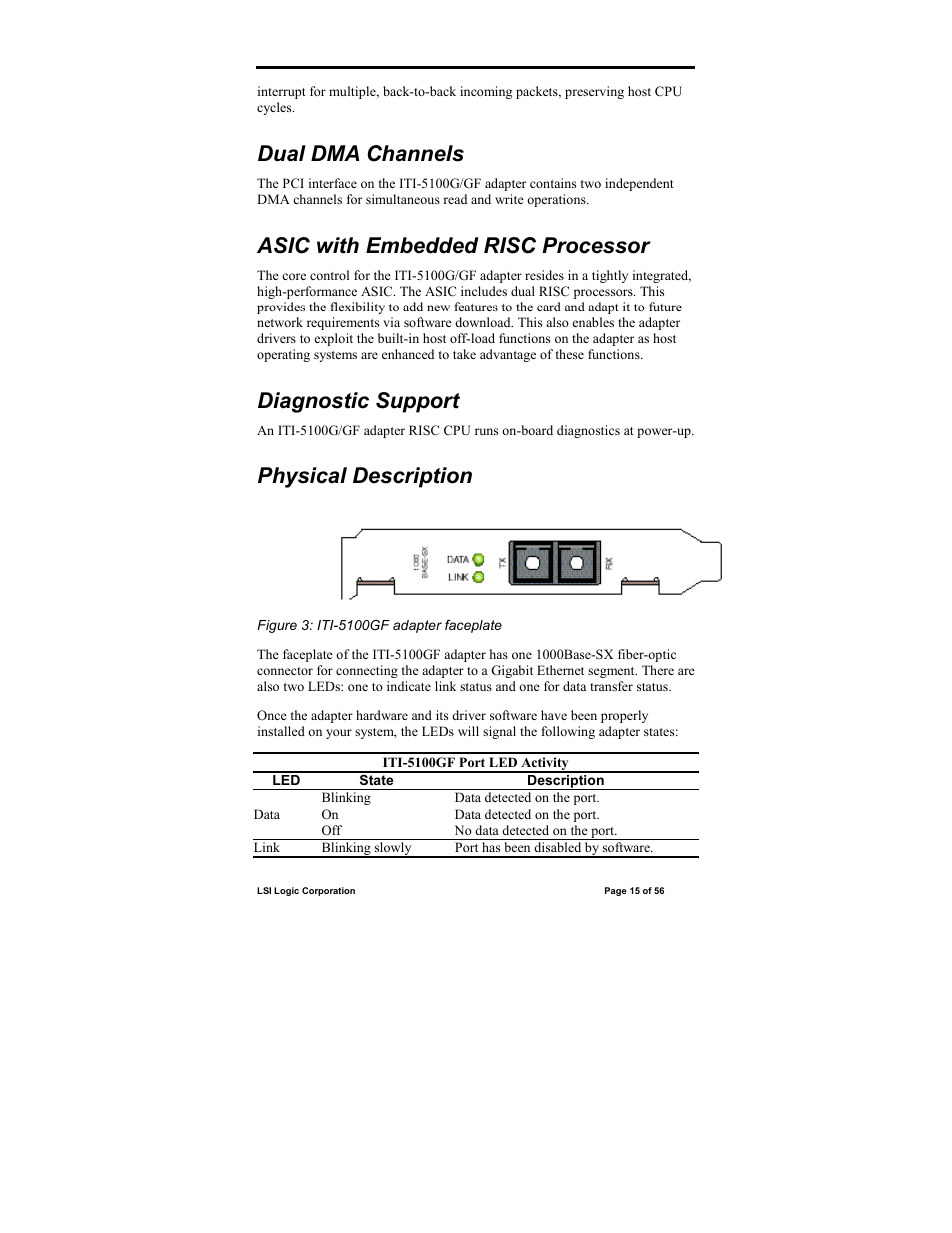 Dual dma channels, Asic with embedded risc processor, Diagnostic support | Physical description | IntraServer Technology ITIpci 5100G/GF User Manual | Page 15 / 56