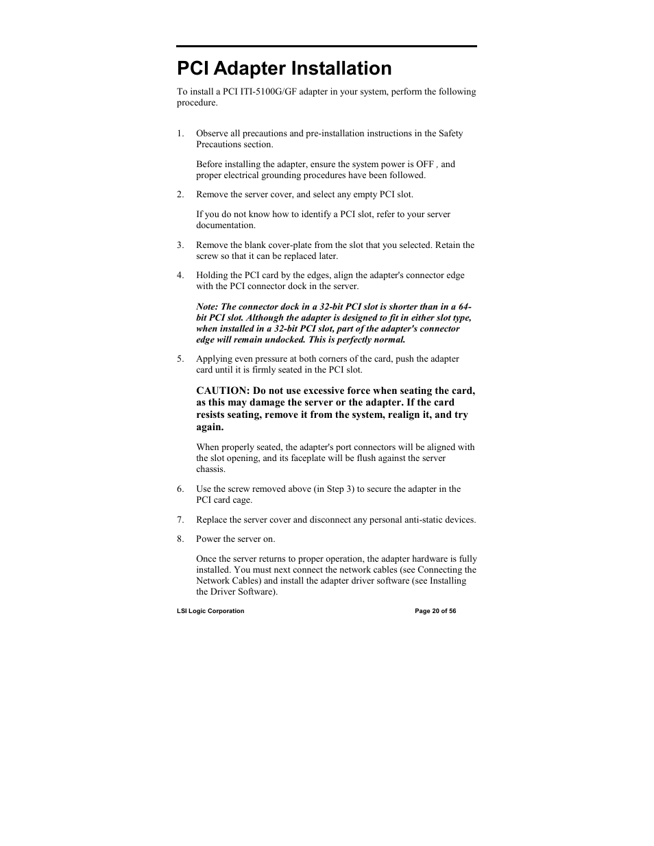 Pci adapter installation | IntraServer Technology ITIpci 5100G/GF User Manual | Page 20 / 56
