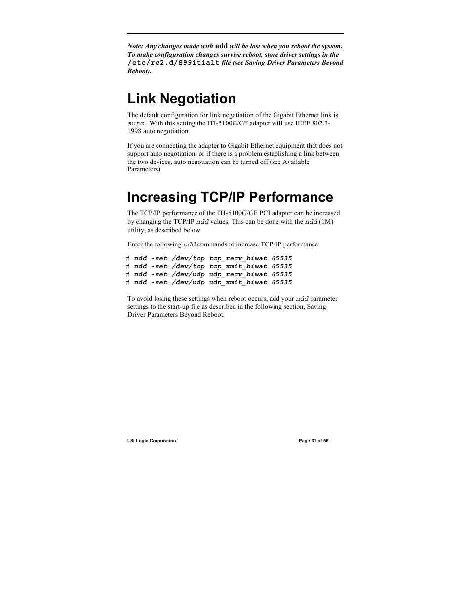 Link negotiation, Increasing tcp/ip performance | IntraServer Technology ITIpci 5100G/GF User Manual | Page 31 / 56