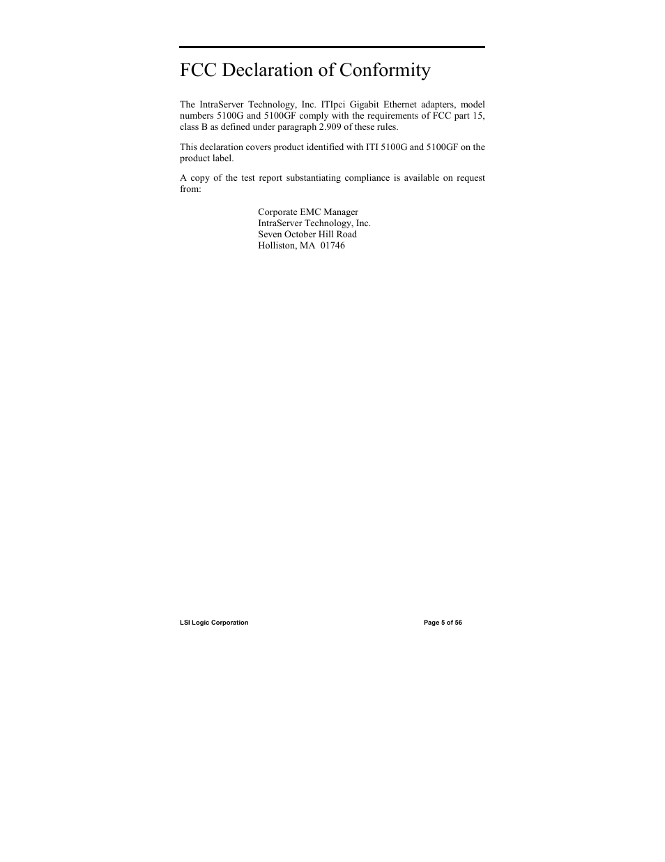Fcc declaration of conformity | IntraServer Technology ITIpci 5100G/GF User Manual | Page 5 / 56