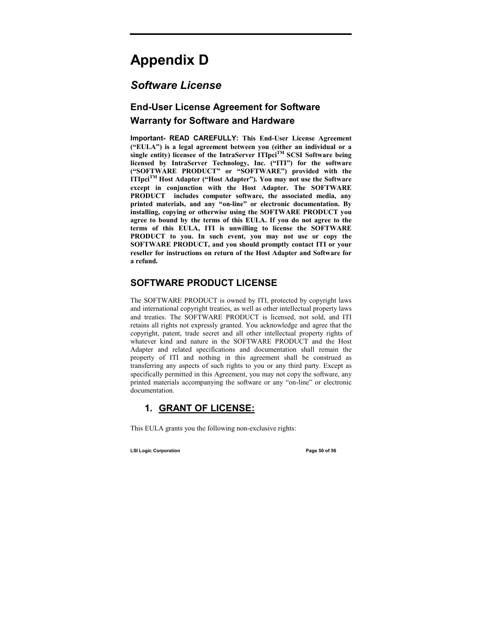 Appendix d, Software license, End-user license agreement for software | IntraServer Technology ITIpci 5100G/GF User Manual | Page 50 / 56