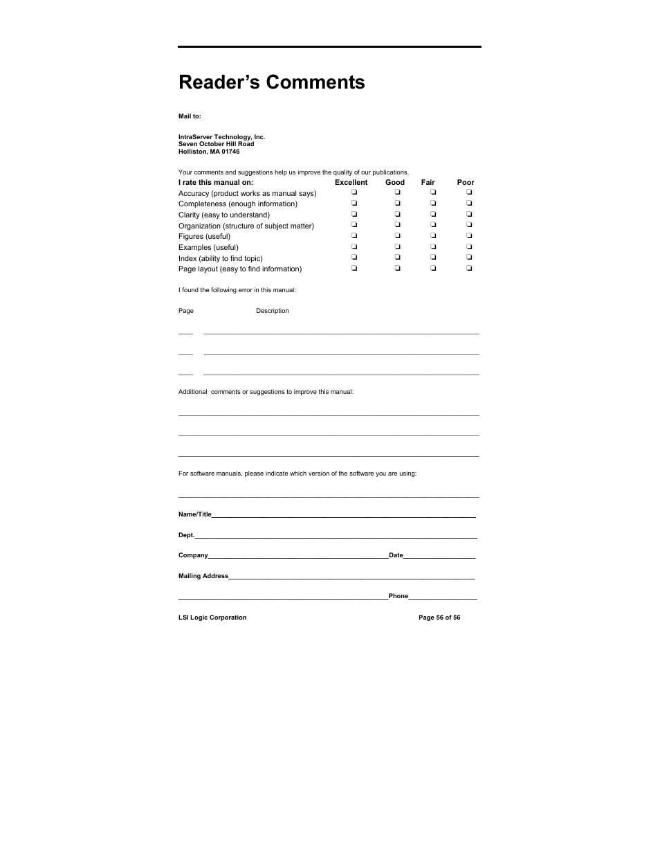 Reader’s comments | IntraServer Technology ITIpci 5100G/GF User Manual | Page 56 / 56