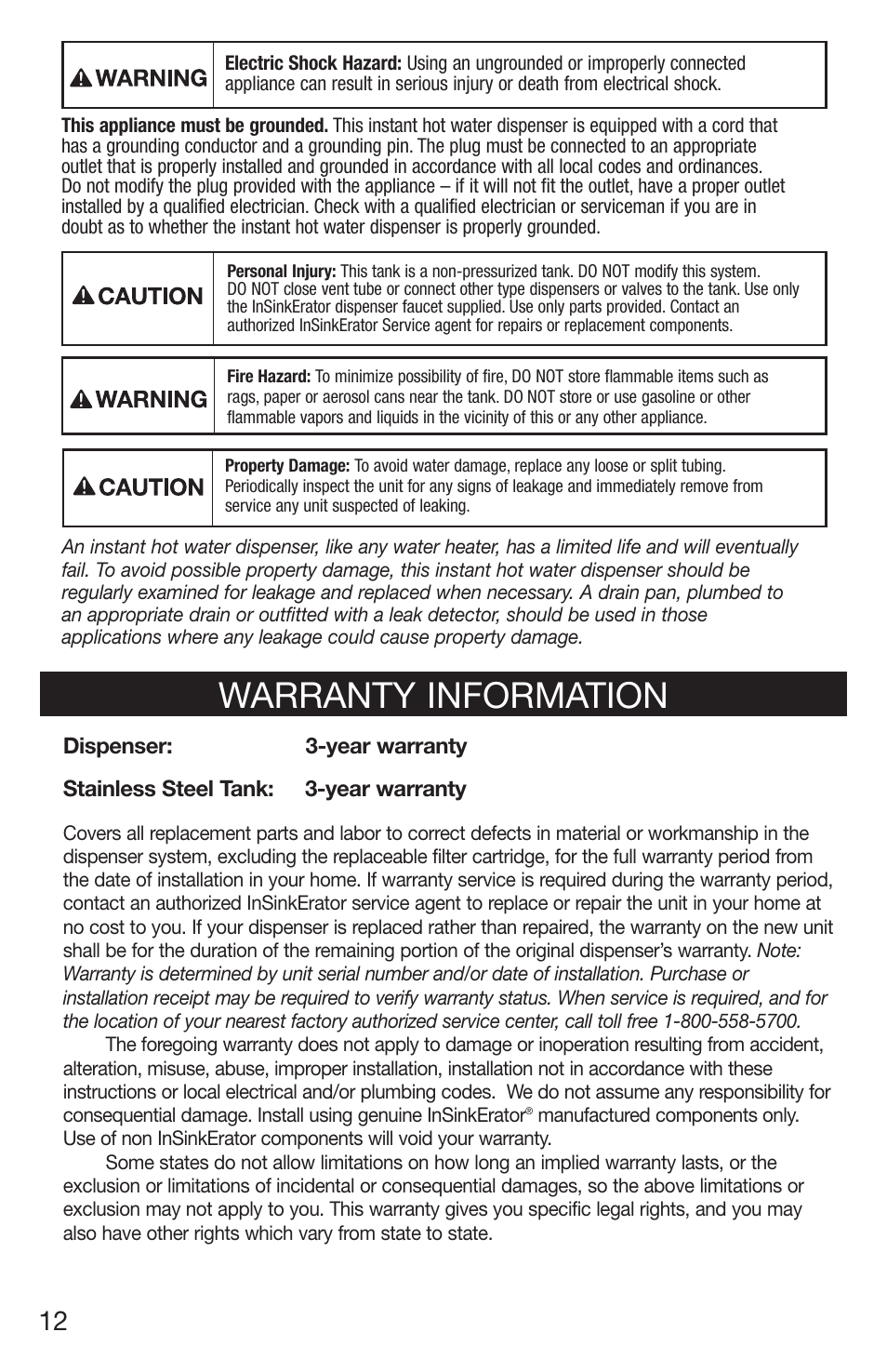 Warranty information | InSinkErator H770 User Manual | Page 12 / 43