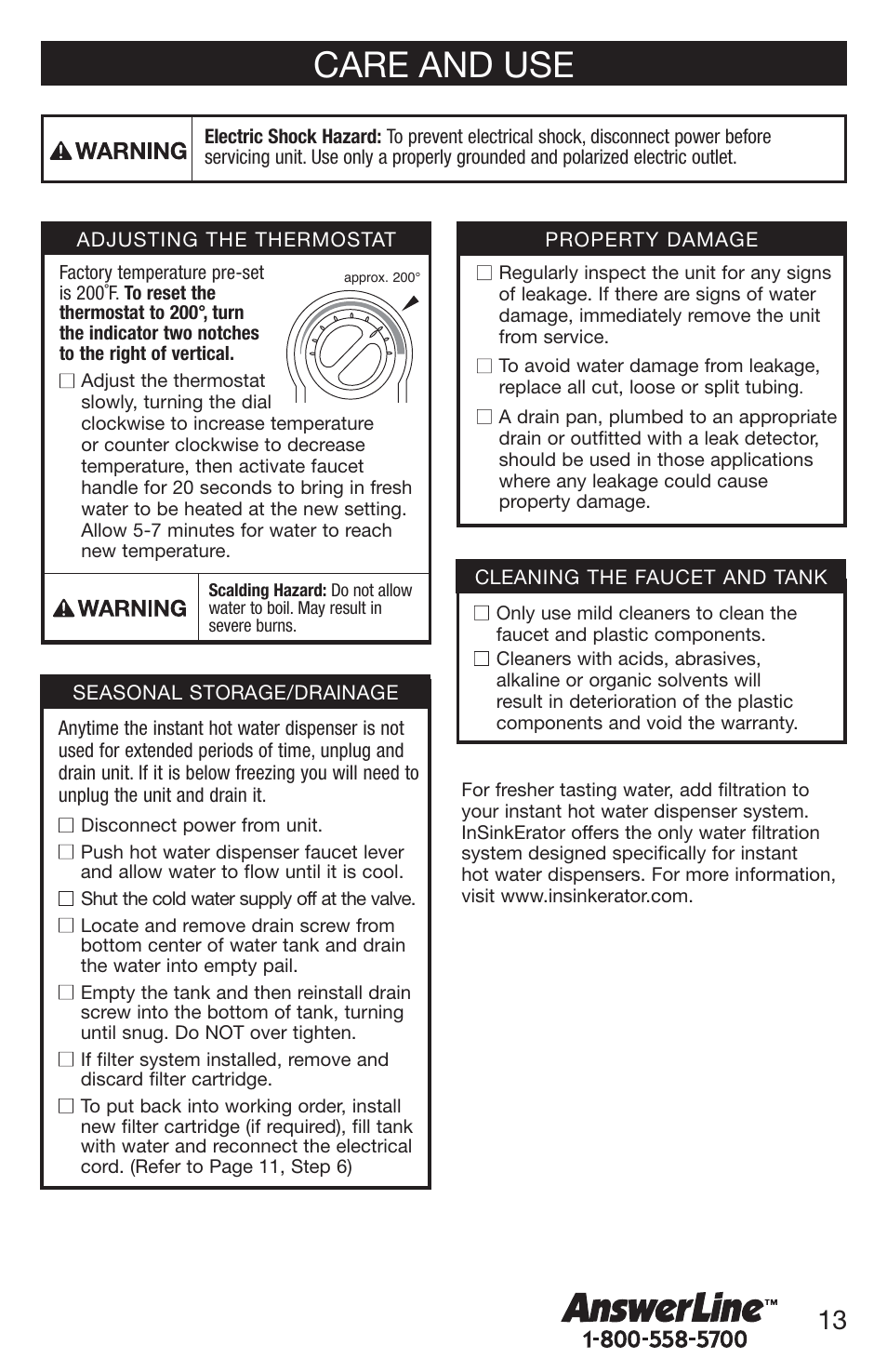 Care and use | InSinkErator H770 User Manual | Page 13 / 43