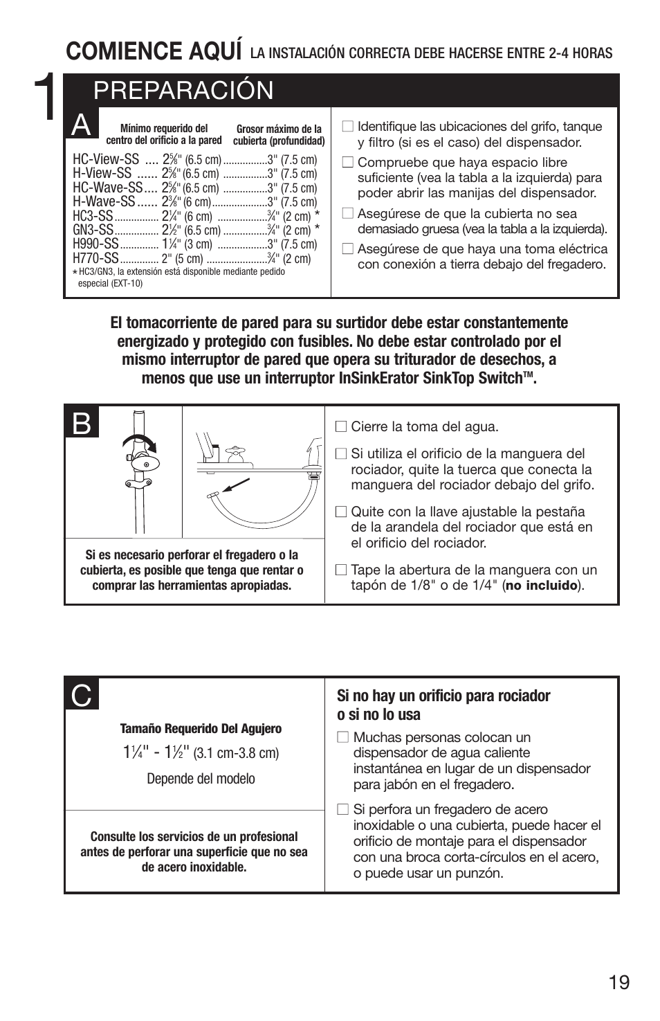 Preparación comience aquí, Si no hay un orificio para rociador o si no lo usa | InSinkErator H770 User Manual | Page 19 / 43