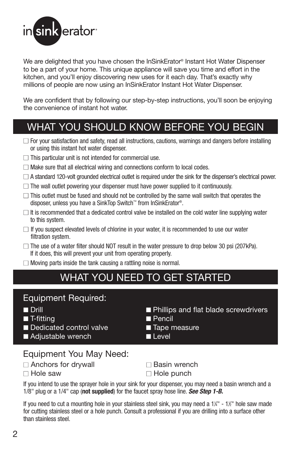 What you should know before you begin, What you need to get started, Equipment you may need | Equipment required | InSinkErator H770 User Manual | Page 2 / 43