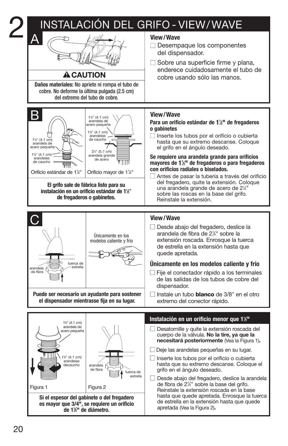 Instalación del grifo - view/ wave, Únicamente en los modelos caliente y frío, View / wave | Instalación en un orificio menor que 1 | InSinkErator H770 User Manual | Page 20 / 43