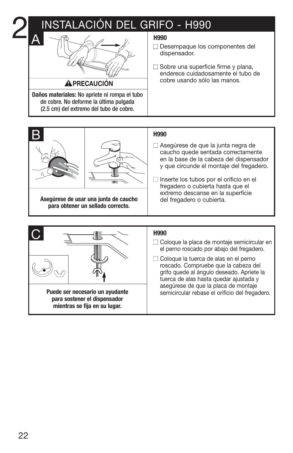 Instalación del grifo - h990 | InSinkErator H770 User Manual | Page 22 / 43