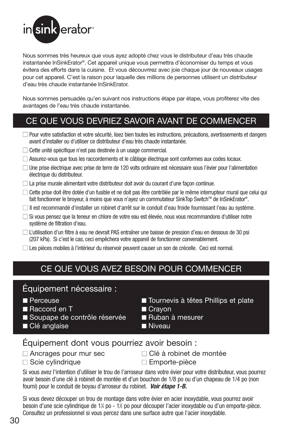 Équipement dont vous pourriez avoir besoin, Ce que vous avez besoin pour commencer 30 | InSinkErator H770 User Manual | Page 30 / 43