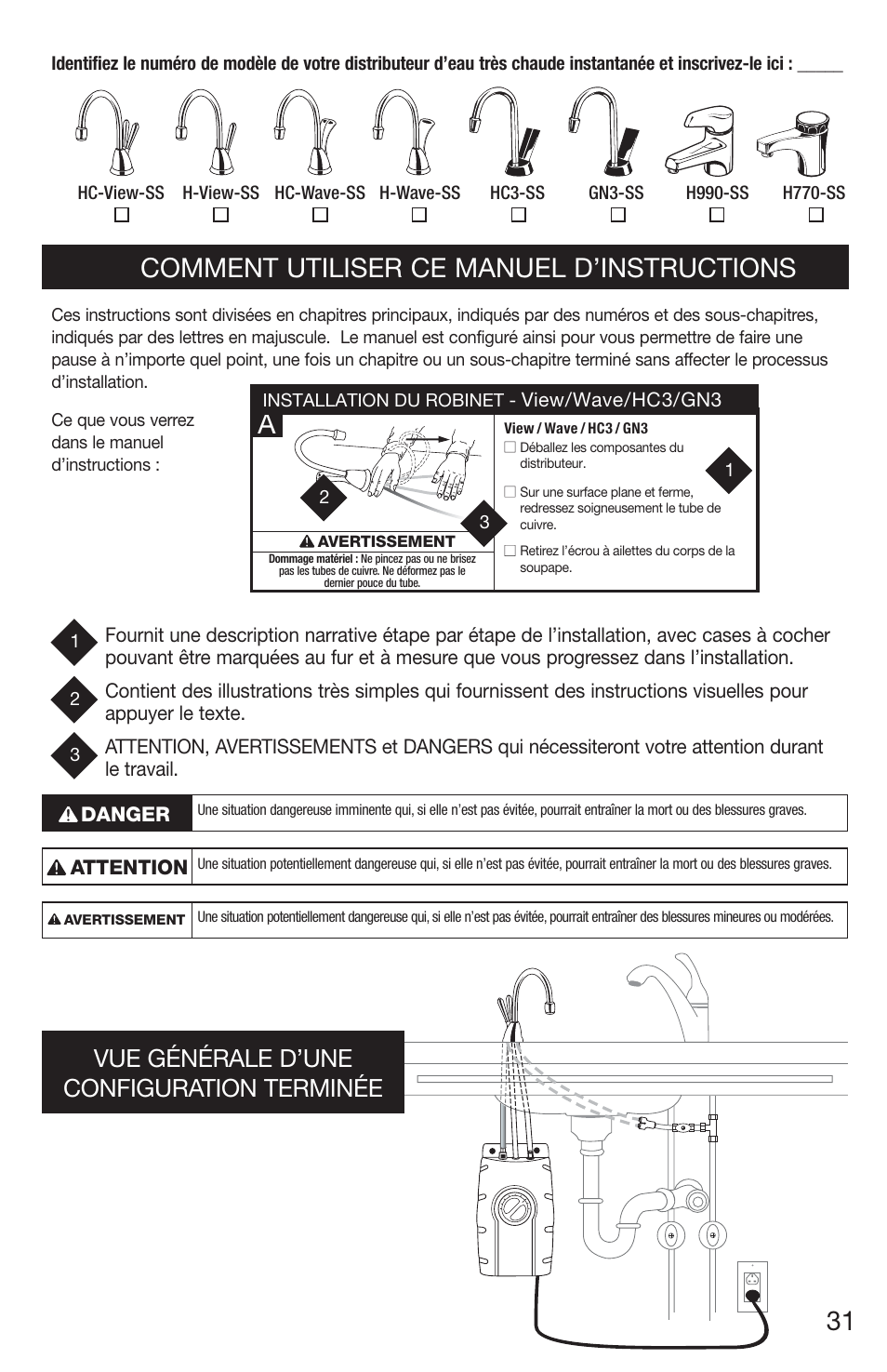 Comment utiliser ce manuel d’instructions, Vue générale d’une configuration terminée | InSinkErator H770 User Manual | Page 31 / 43