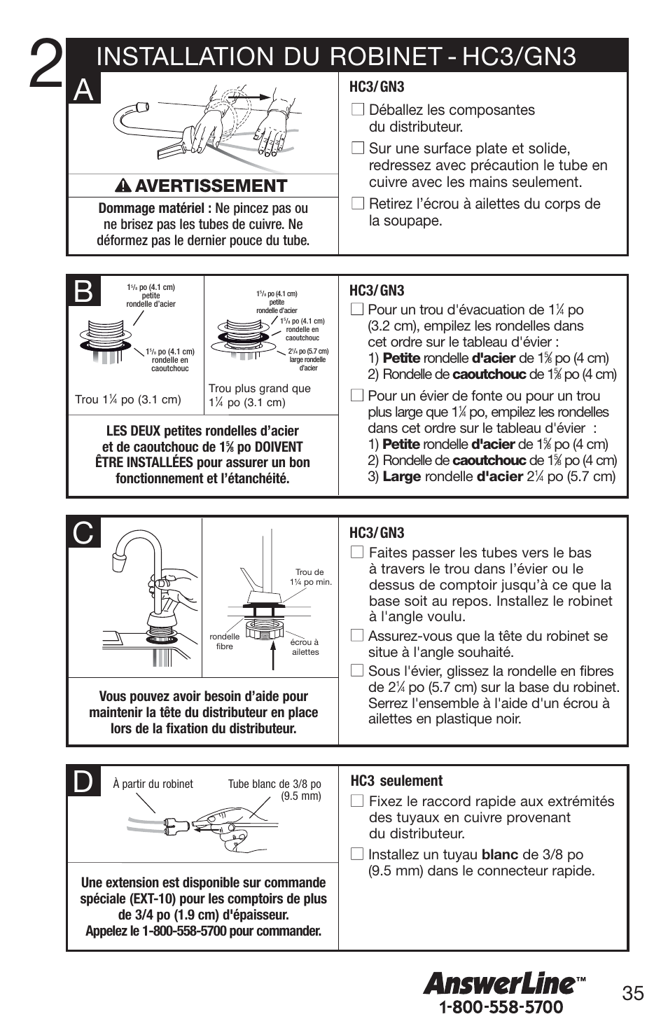 Ba c, Installation du robinet - hc3/gn3, Avertissement | Déballez les composantes du distributeur, Retirez l’écrou à ailettes du corps de la soupape, Hc3/ gn3, Hc3 seulement | InSinkErator H770 User Manual | Page 35 / 43