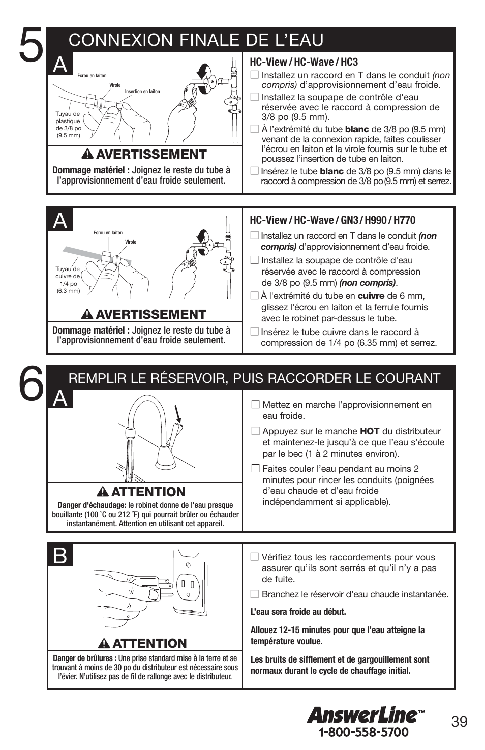 Connexion finale de l’eau, Remplir le réservoir, puis raccorder le courant | InSinkErator H770 User Manual | Page 39 / 43