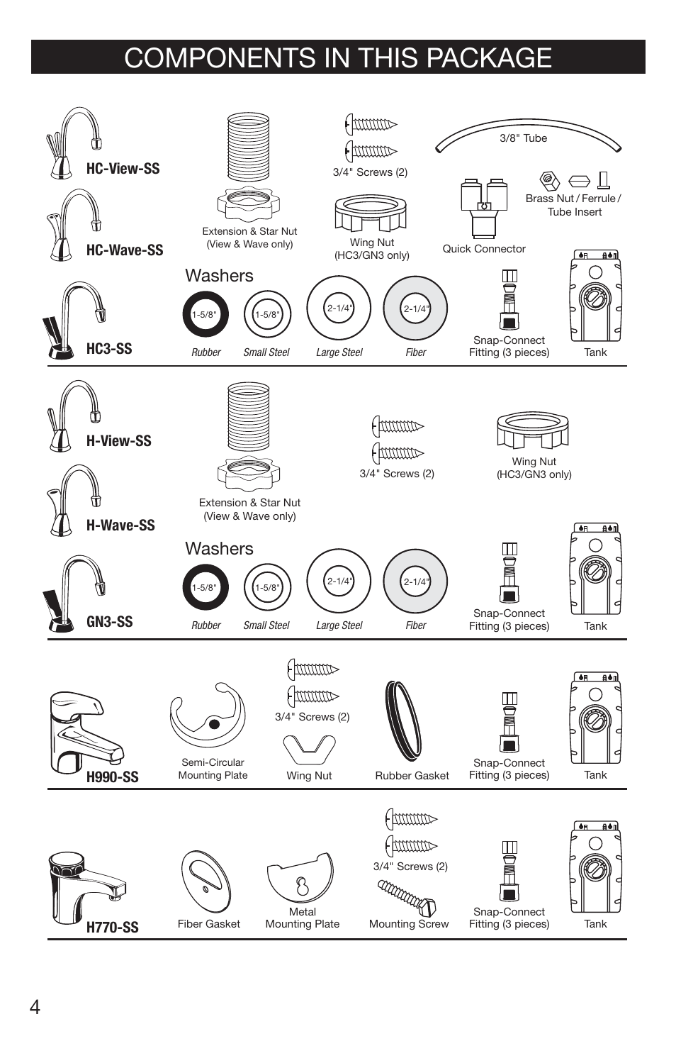 Components in this package, Washers, H770-ss | H990-ss | InSinkErator H770 User Manual | Page 4 / 43