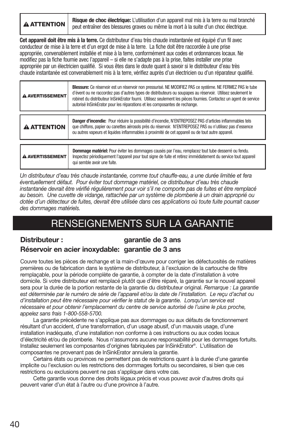 Renseignements sur la garantie | InSinkErator H770 User Manual | Page 40 / 43