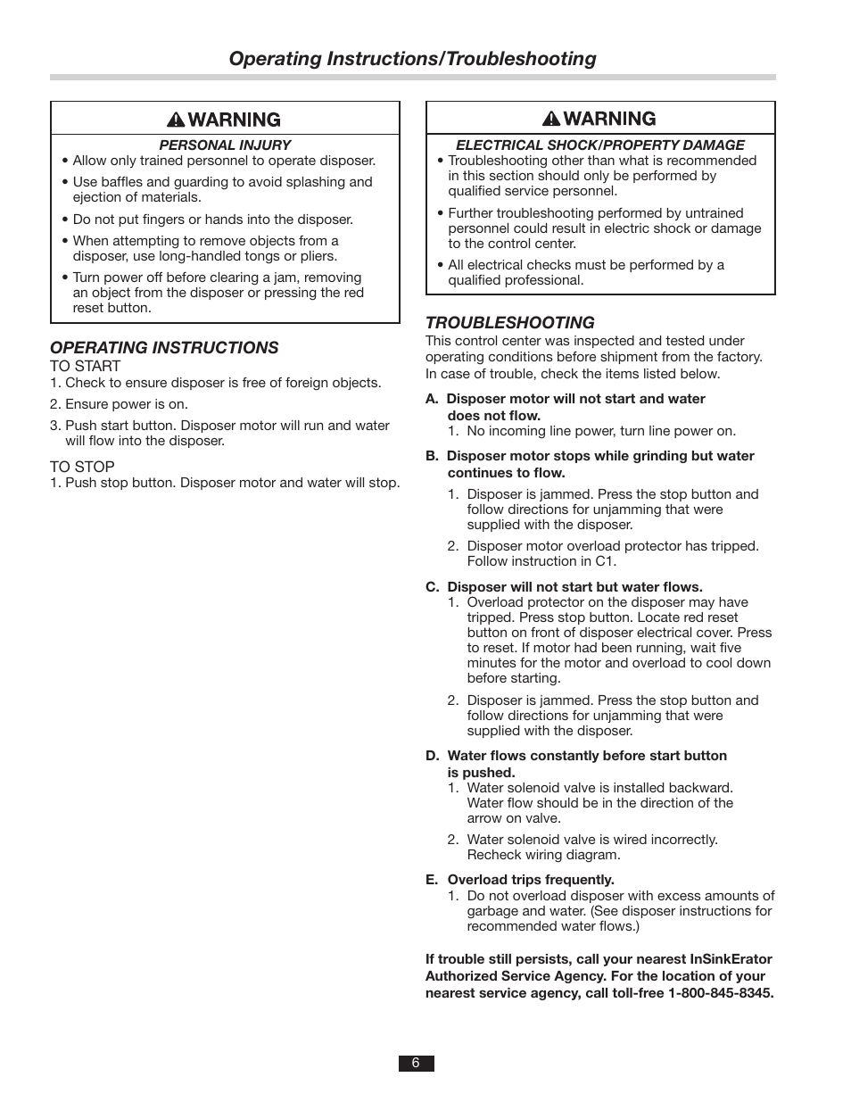 Operating instructions/troubleshooting | InSinkErator MS User Manual | Page 6 / 10