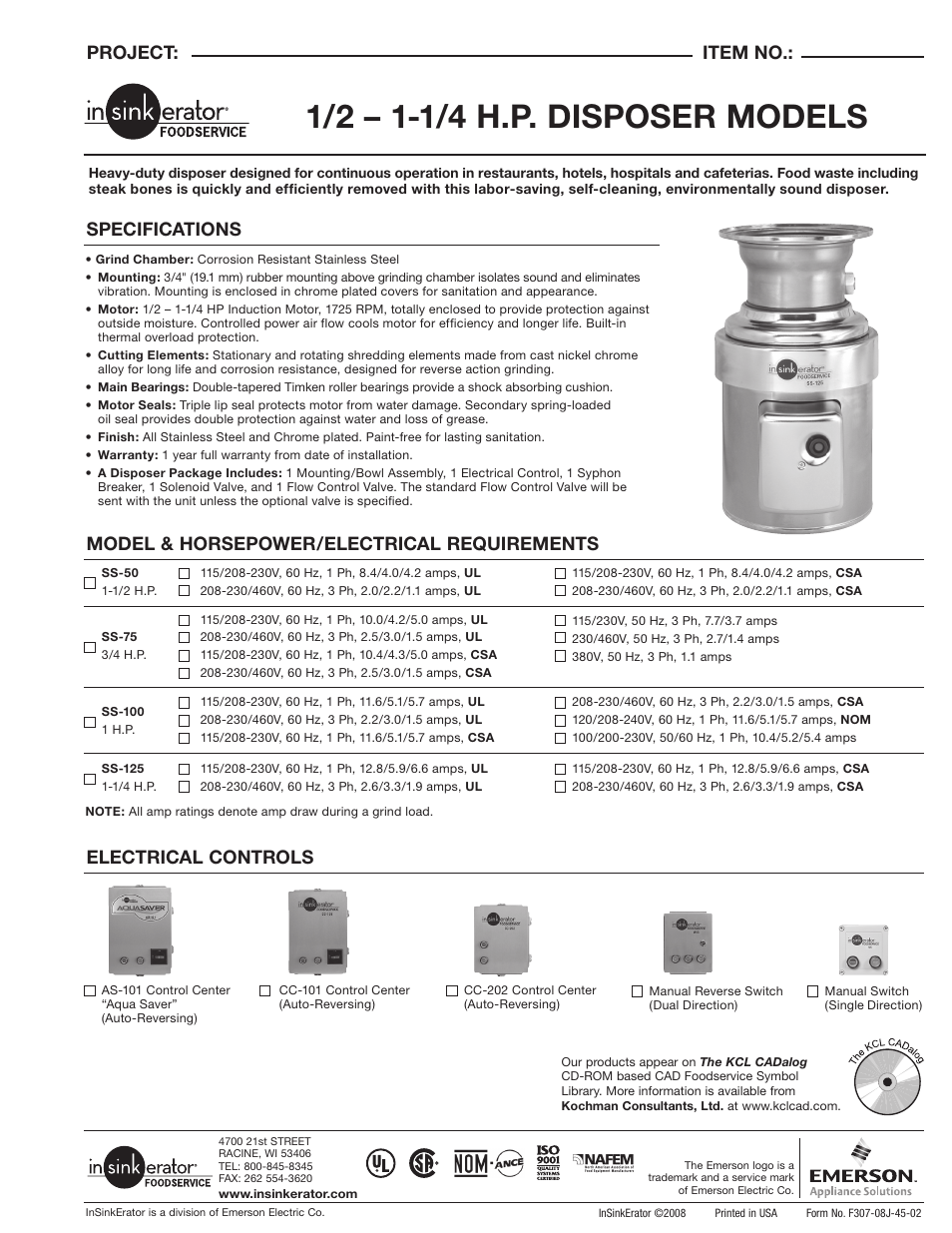 InSinkErator 1/21-1/4H.P User Manual | 2 pages