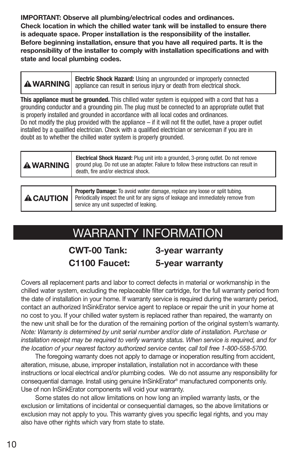 Warranty information | InSinkErator Chilled Water Tank & Cold Only Faucet CWT-00 User Manual | Page 10 / 24
