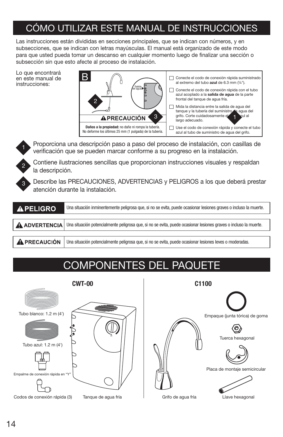 Componentes del paquete, Cómo utilizar este manual de instrucciones | InSinkErator Chilled Water Tank & Cold Only Faucet CWT-00 User Manual | Page 14 / 24