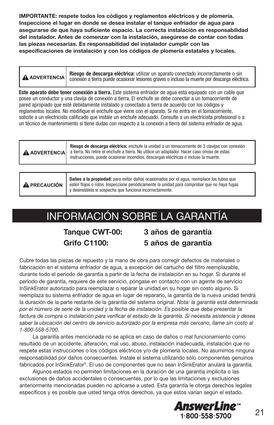 Información sobre la garantía | InSinkErator Chilled Water Tank & Cold Only Faucet CWT-00 User Manual | Page 21 / 24