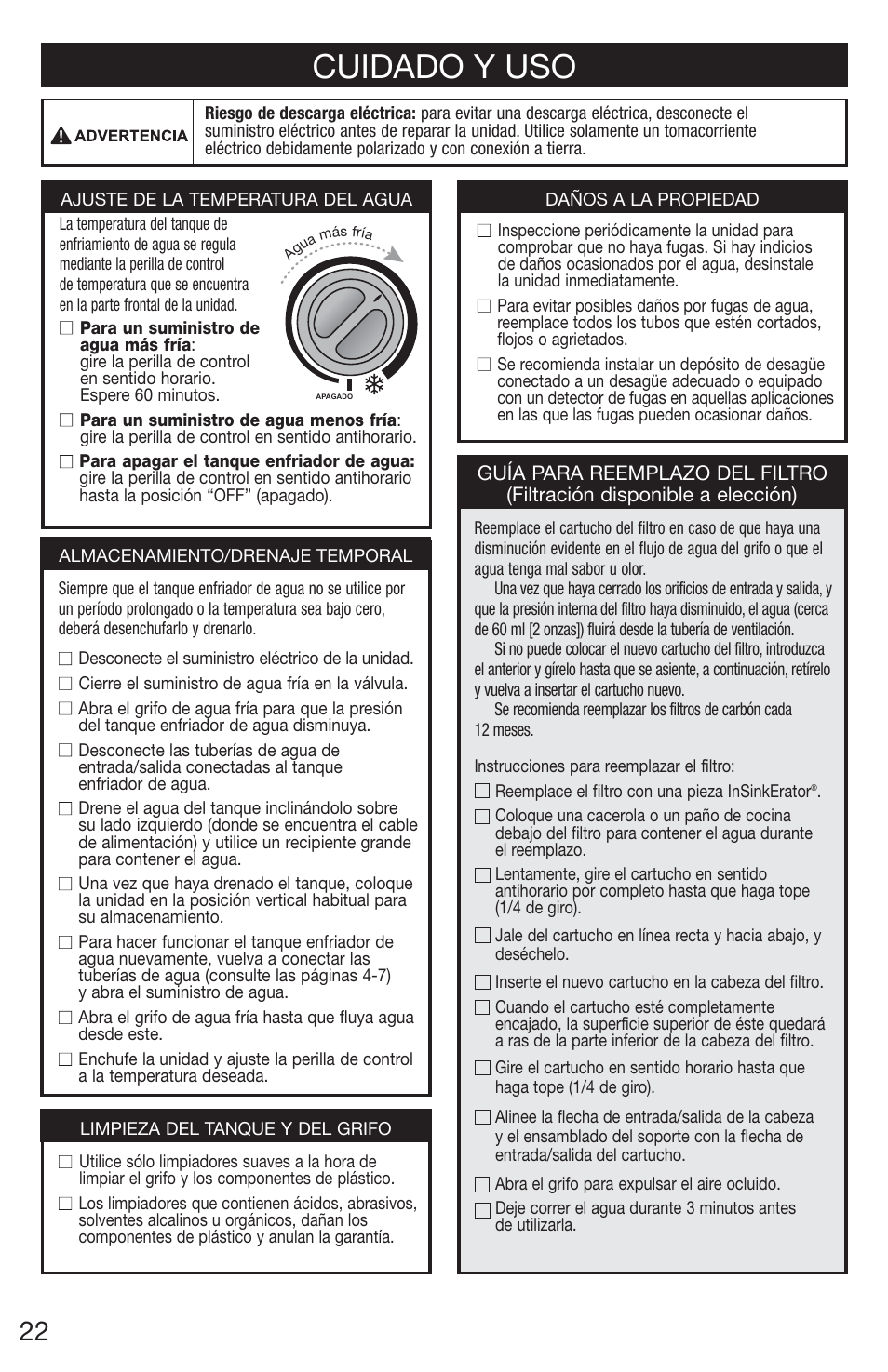 Cuidado y uso | InSinkErator Chilled Water Tank & Cold Only Faucet CWT-00 User Manual | Page 22 / 24