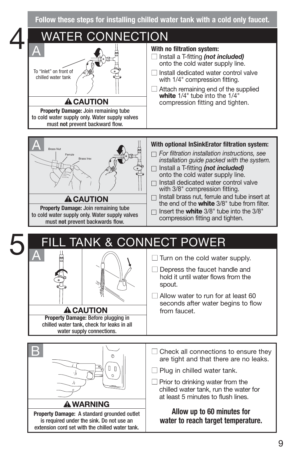 Water connection, Fill tank & connect power | InSinkErator Chilled Water Tank & Cold Only Faucet CWT-00 User Manual | Page 9 / 24