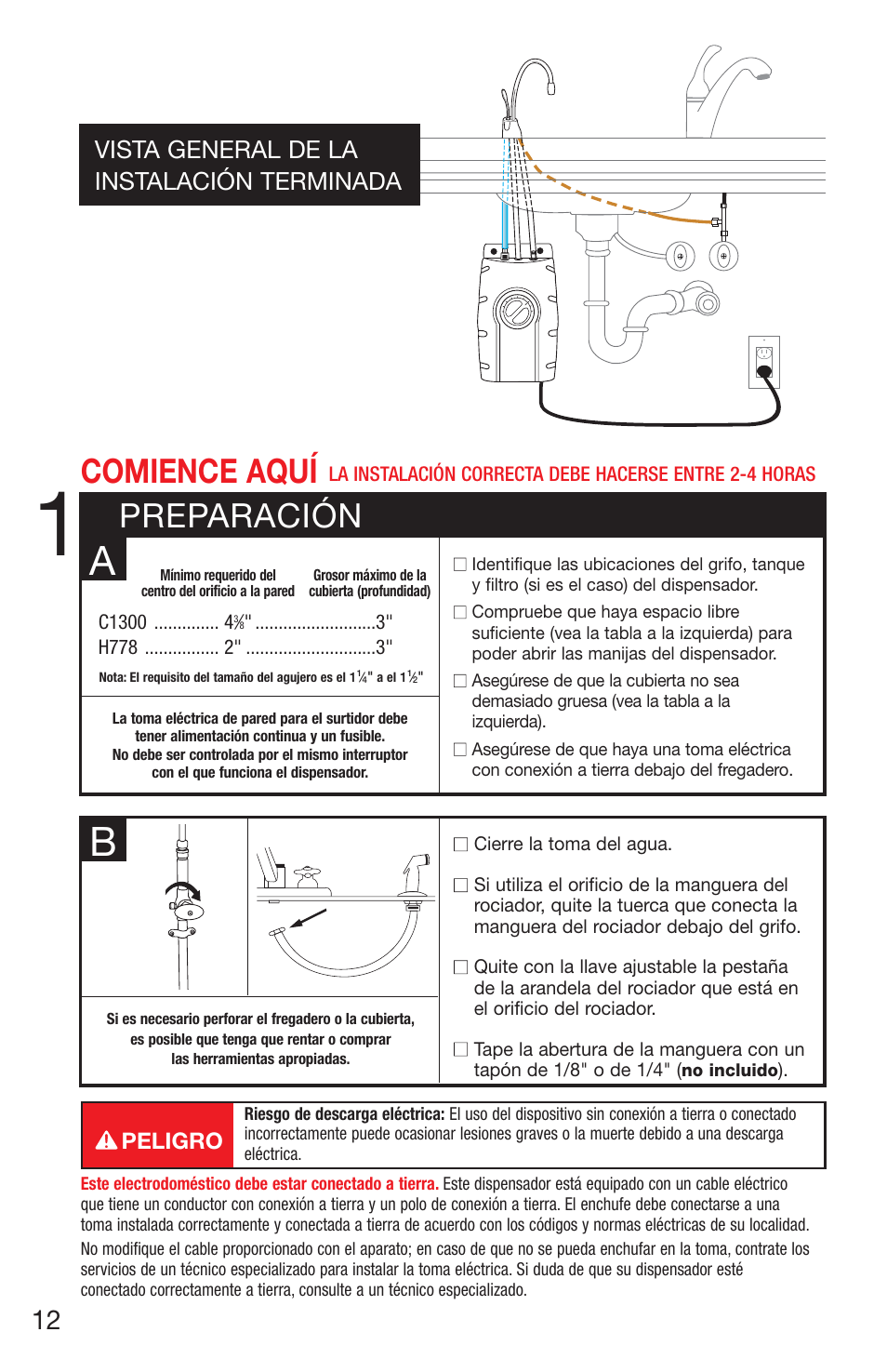 Preparación comience aquí, Vista general de la instalación terminada, Peligro | InSinkErator H778 User Manual | Page 12 / 28