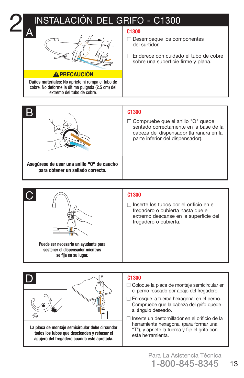 Ba c d, Instalación del grifo - c1300 | InSinkErator H778 User Manual | Page 13 / 28