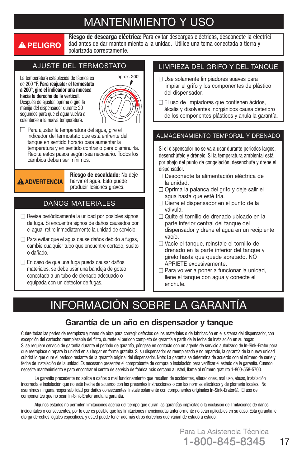 Mantenimiento y uso, Información sobre la garantía, Garantía de un año en dispensador y tanque | Para la asistencia técnica, Peligro | InSinkErator H778 User Manual | Page 17 / 28