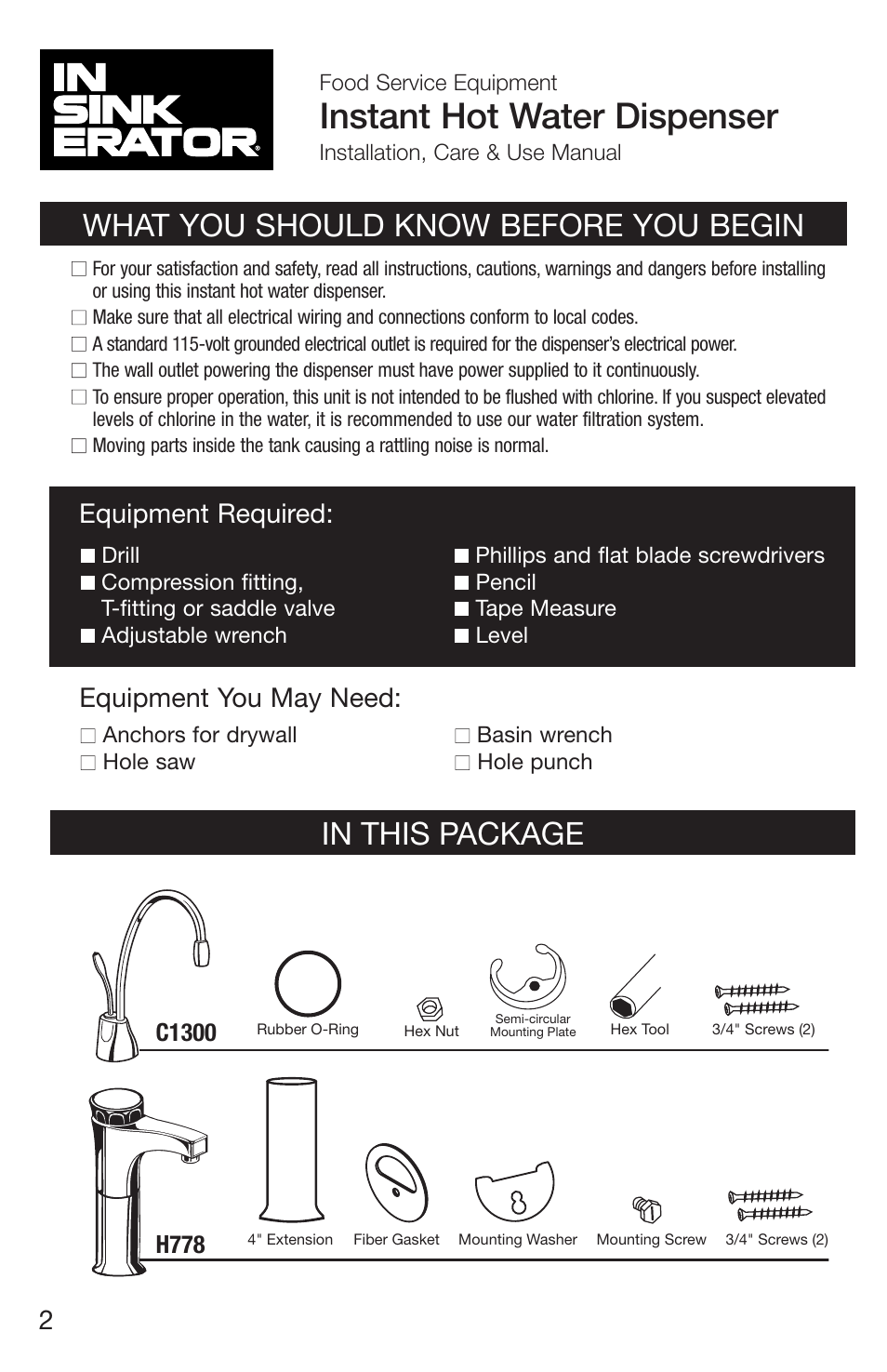 Instant hot water dispenser, What you should know before you begin, Equipment you may need | Equipment required | InSinkErator H778 User Manual | Page 2 / 28