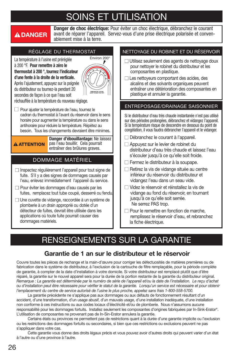 Soins et utilisation, Renseignements sur la garantie | InSinkErator H778 User Manual | Page 26 / 28