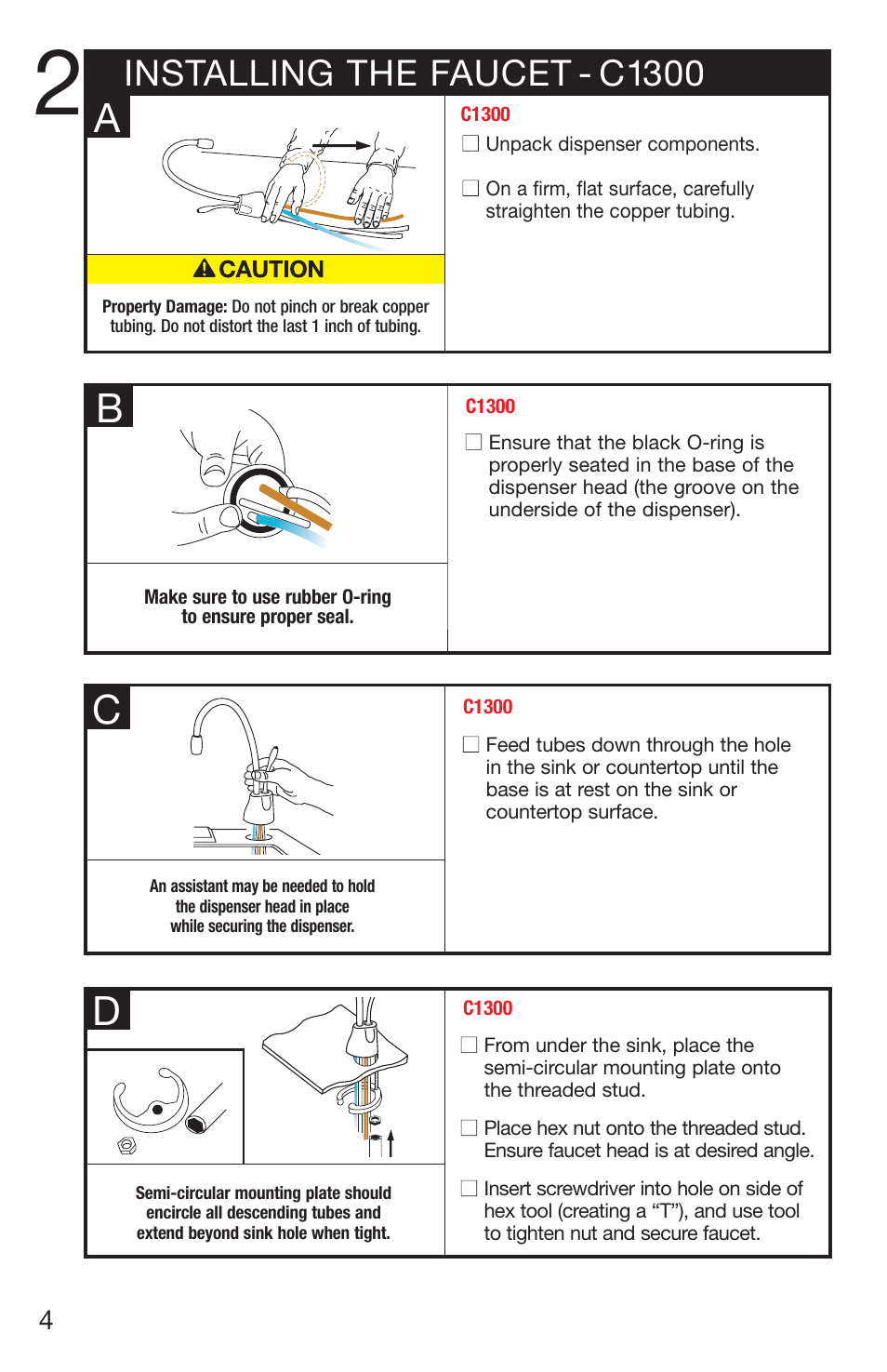 Ba c d, Installing the faucet - c1300 | InSinkErator H778 User Manual | Page 4 / 28