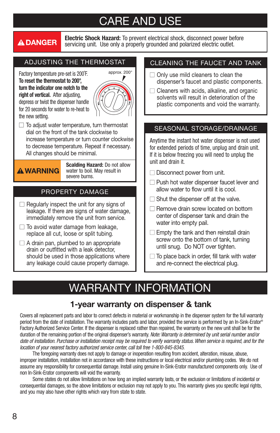 Care and use, Warranty information, Year warranty on dispenser & tank | InSinkErator H778 User Manual | Page 8 / 28