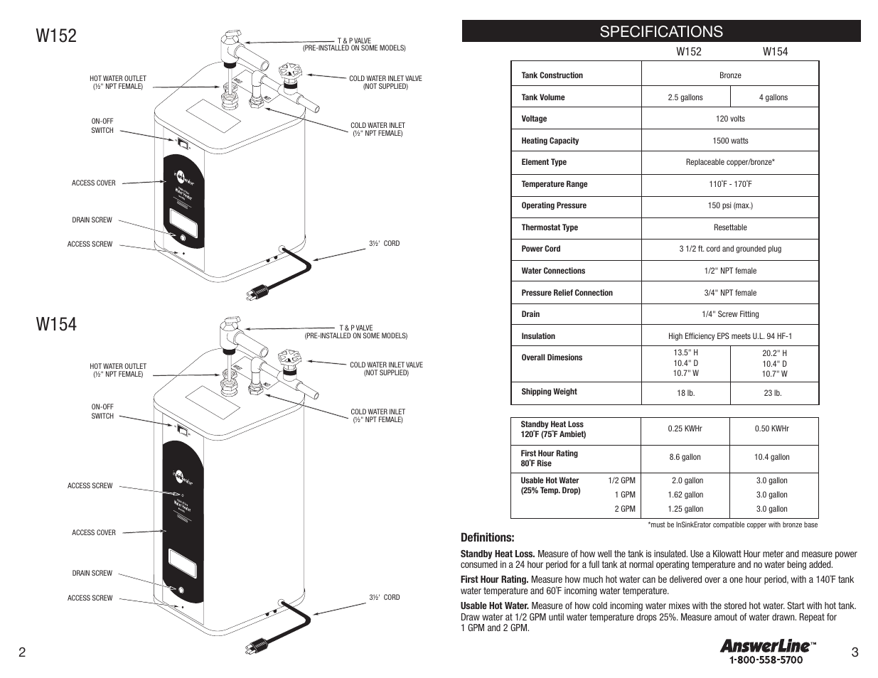 W152, W154, Specifications | Definitions | InSinkErator 152 User Manual | Page 2 / 8