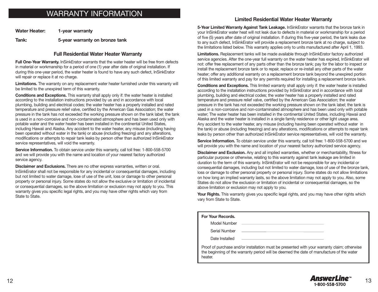 Warranty information | InSinkErator 152 User Manual | Page 7 / 8