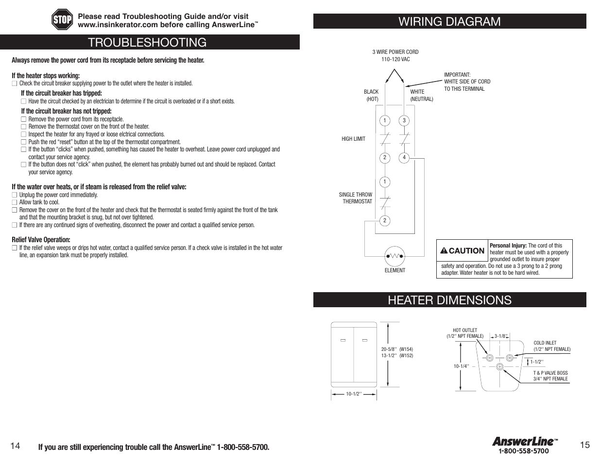 Wiring diagram heater dimensions, Troubleshooting | InSinkErator 152 User Manual | Page 8 / 8