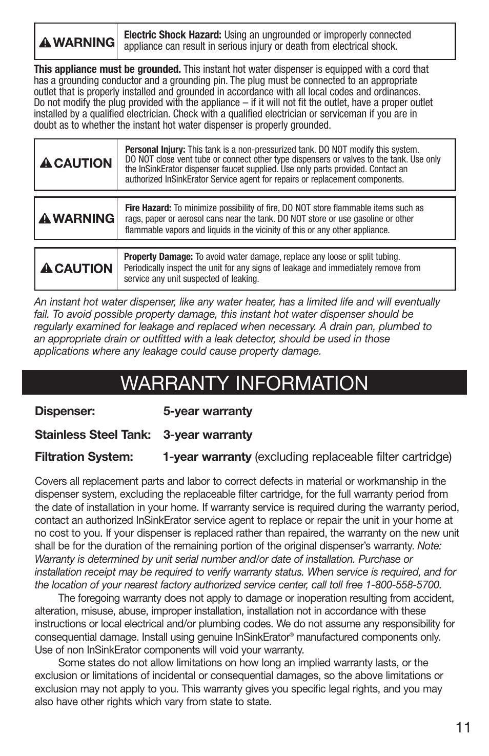 Warranty information | InSinkErator 1100 User Manual | Page 11 / 43