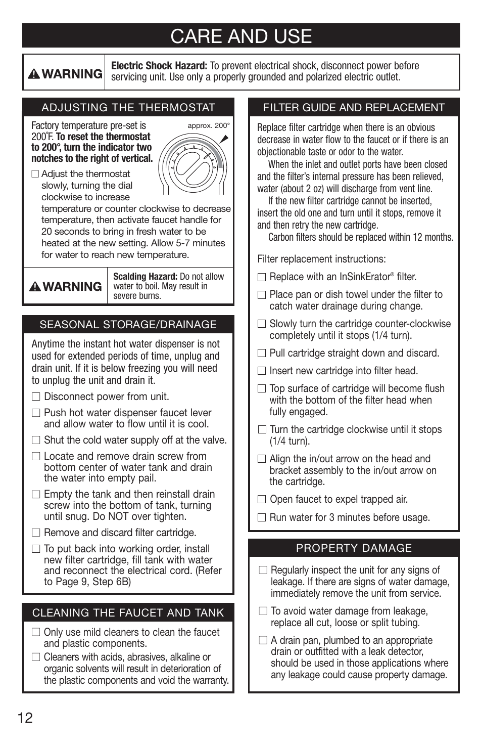 Care and use | InSinkErator 1100 User Manual | Page 12 / 43