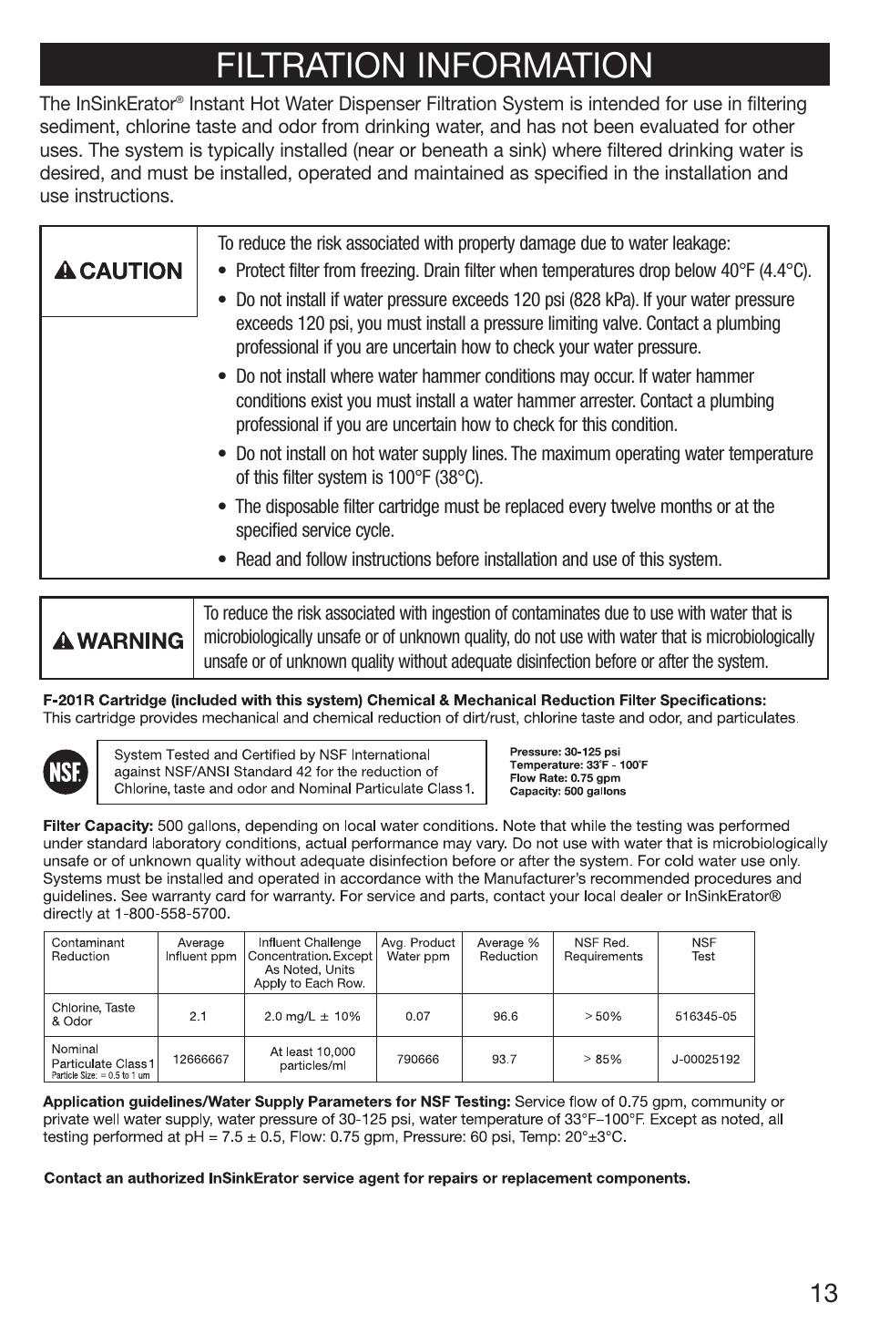 Filtration information | InSinkErator 1100 User Manual | Page 13 / 43