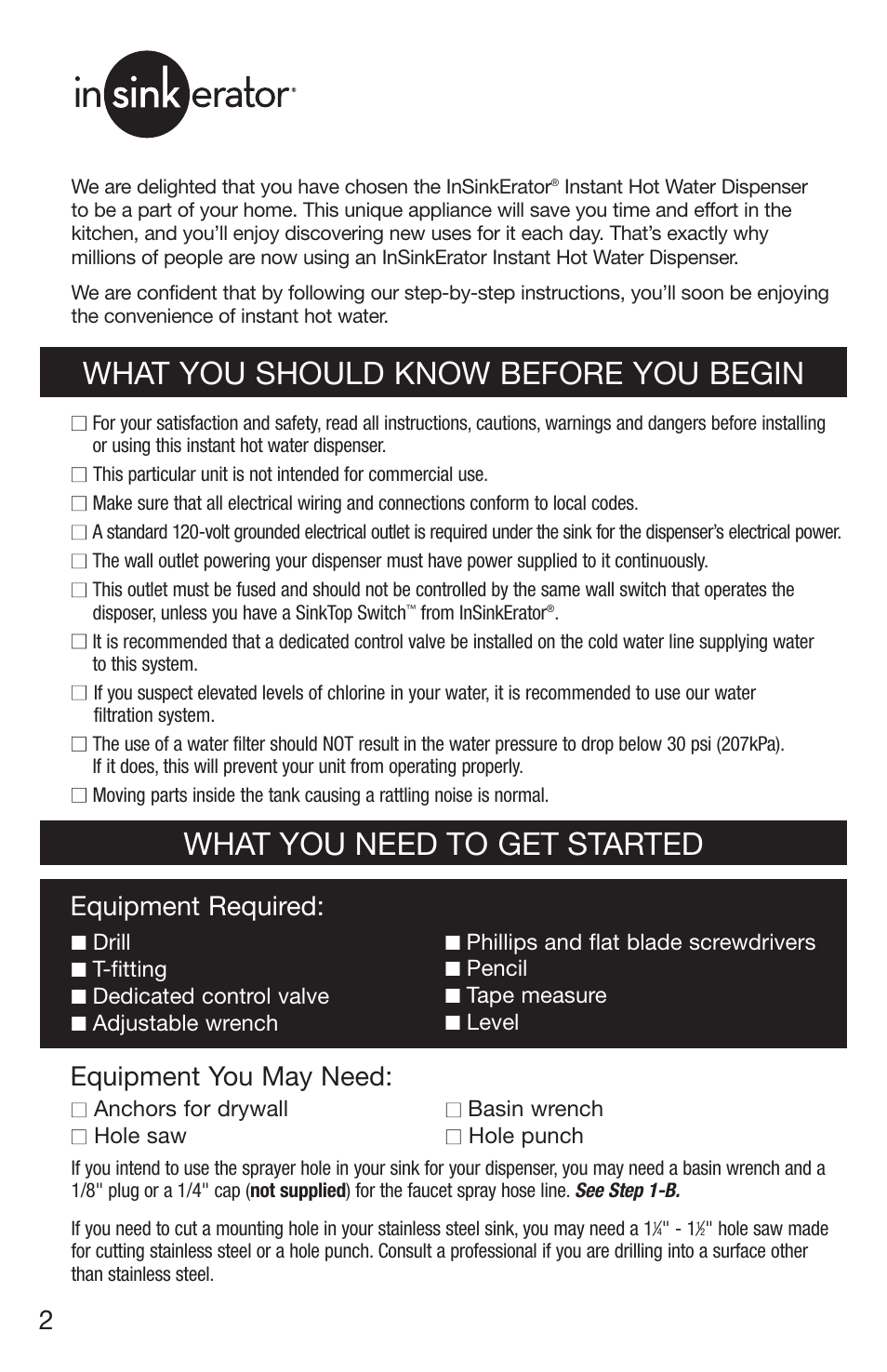 What you should know before you begin, What you need to get started, Equipment you may need | Equipment required | InSinkErator 1100 User Manual | Page 2 / 43