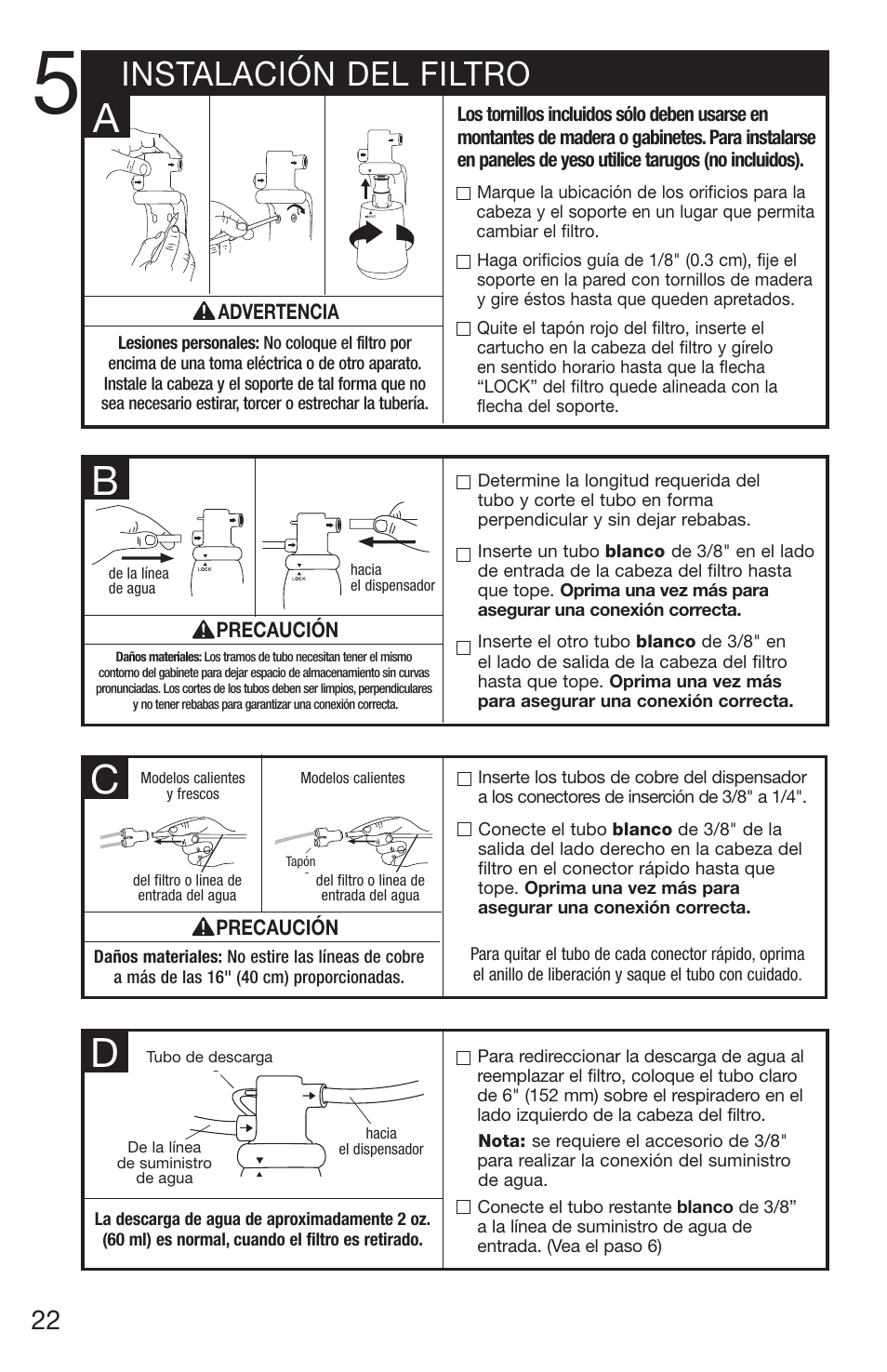 Instalación del filtro | InSinkErator 1100 User Manual | Page 22 / 43
