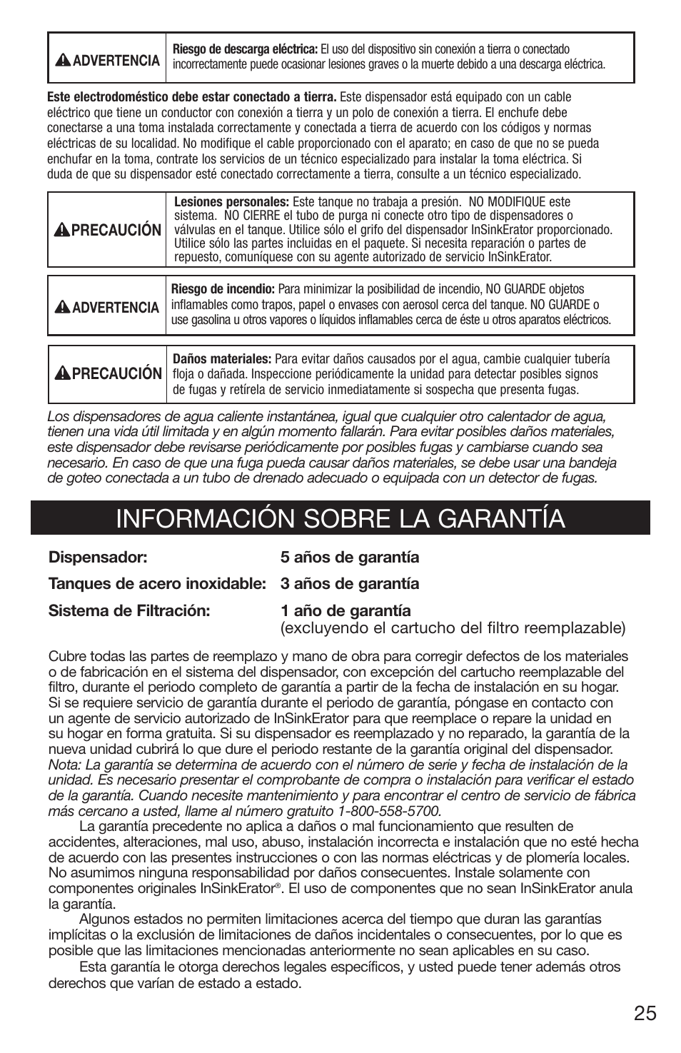 Información sobre la garantía | InSinkErator 1100 User Manual | Page 25 / 43