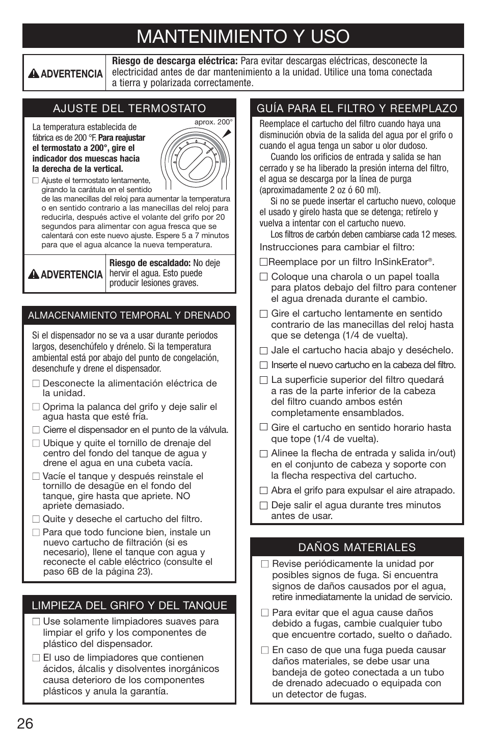Mantenimiento y uso | InSinkErator 1100 User Manual | Page 26 / 43